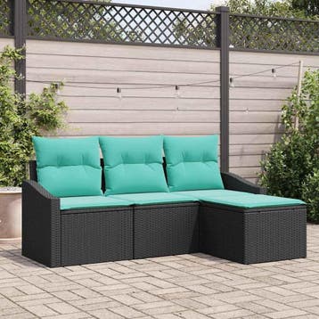 vidaXL Bankstel met kussen 4 pcs Zwart poly rattan, Verzenden, Nieuw, Rotan, 4 zitplaatsen