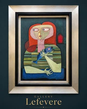 Gèr Huntjens – Woman with Blue Fish (1956) Tempera and oil., Personages en Fantasiefiguren, Ophalen of Verzenden, Ingelijst, Overige techniek