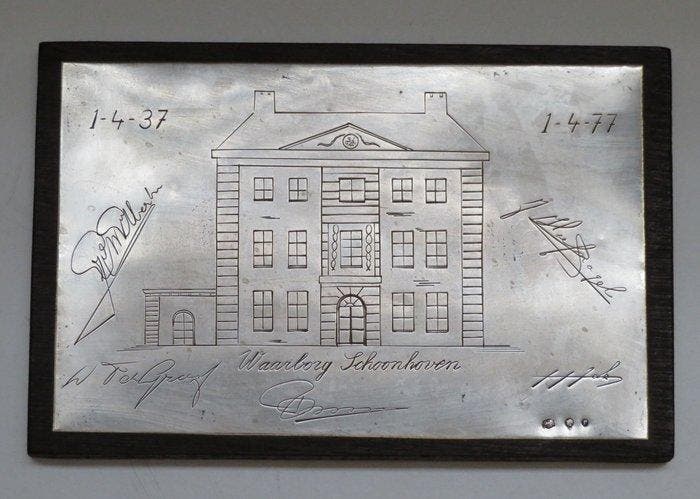 Decoratief ornament - Jubileumplaat Waarborg Schoonhoven, Antiek en Kunst, Antiek | Goud en Zilver