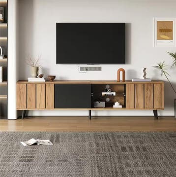 TV-Meubel Hout en Zwart met 3 Deuren en Glazen Plank 175 cm, Verzenden, Nieuw