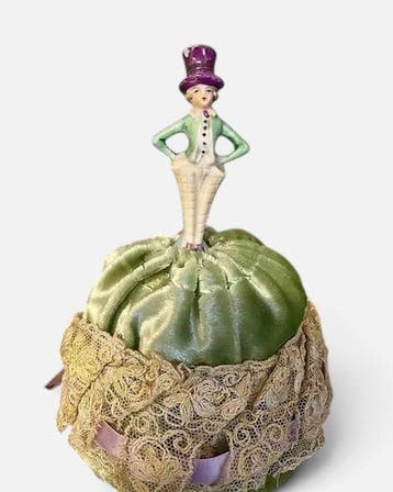 Beeldje - Half-doll pincushion - Porselein, Fluweel, Textiel