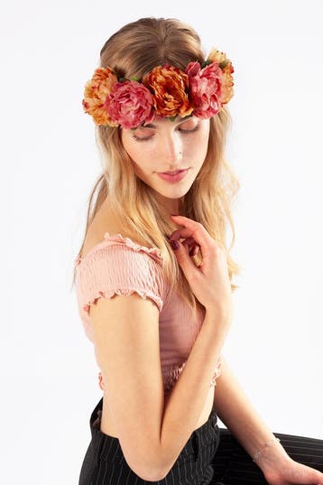 KIMU® Bloemenkrans Haar Pioenrozen Oranje Oudroze Koraal Blo, Ophalen of Verzenden, Nieuw, Carnaval, Accessoires