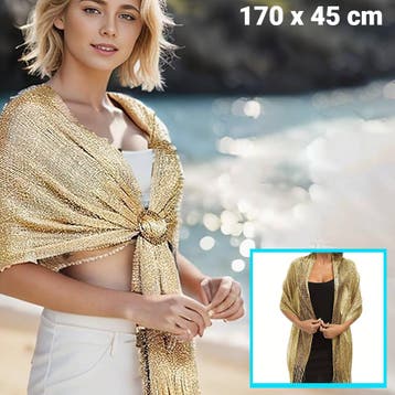 Dames Omslagdoek met Franjes - GOUD - 170 x 45 cm, Kleding | Dames, Mutsen, Sjaals en Handschoenen, Allernieuwste.nl, Verzenden
