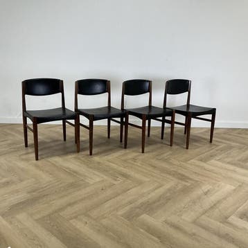 Set van 4 vintage teakhouten eetkamerstoelen van Grete Jalk, Huis en Inrichting, Stoelen, Gebruikt, Zwart, Leer, Ophalen of Verzenden