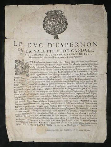 Ordonnance imprimée du duc dÉpernon, gouverneur de Guyenne