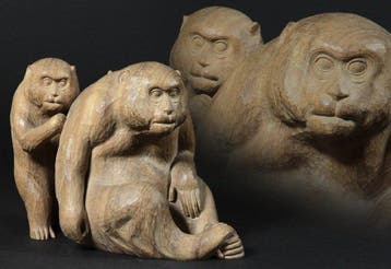 Parent and Child Monkeys Wood Carving by Inami Master Kazuo