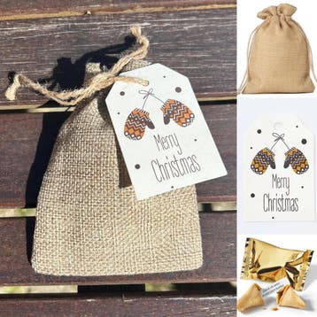 Jute zakje met fortune cookie en Kerst kaartje met wanten, Verzenden, Nieuw