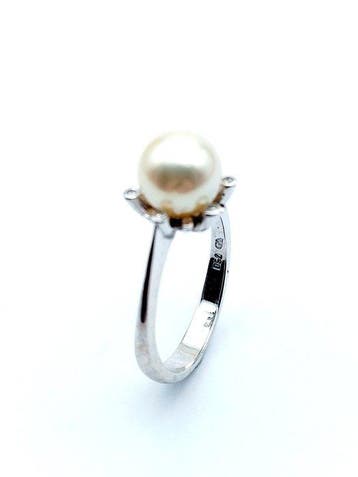 Ring - 18 karaat Witgoud Parel - Diamant, Nieuw