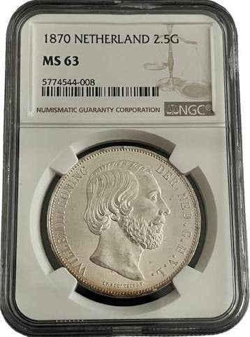 Koning Willem III 2 1/2 Gulden 1870 MS63 NGC gecertificeerd, Verzenden, Koning Willem III, Losse munt, Zilver