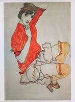 Egon Schiele (after) - Wally in a red blouse with raised