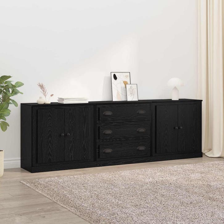 vidaXL Dressoirs 3 pcs Zwart eiken 210 x 35,5 x 67,5 cm, Huis en Inrichting, Kasten | Dressoirs, 25 tot 50 cm, Nieuw, 200 cm of meer