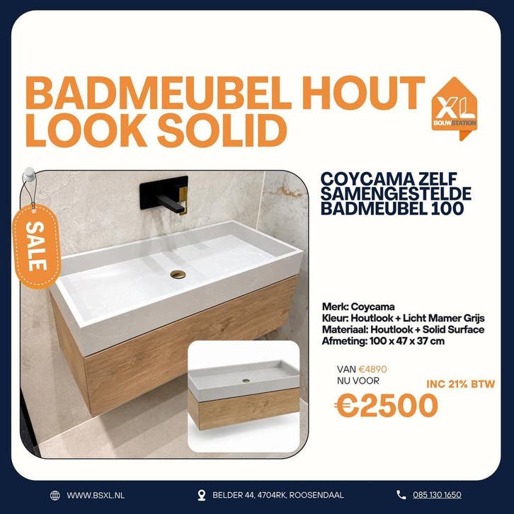 Coycama badmeubel 100 cm houtlook - OUTLET, Huis en Inrichting, Badkamer | Badkamermeubels, 25 tot 50 cm, Nieuw, Wasbak of Wastafel