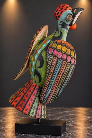 Grote Bozo-marionet Coq in polychroom hout – kunst van de