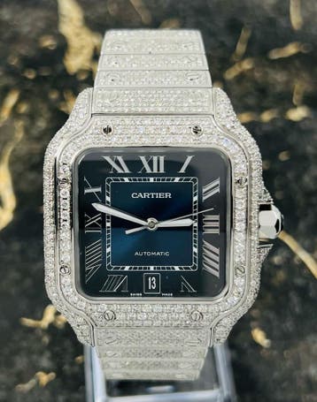 Cartier Santos - Blue Dial - WSSA0013 - Iced Out - Diamonds, Sieraden, Tassen en Uiterlijk, Horloges | Heren, Overige merken, Staal