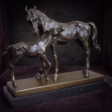 Beeld, Paard met veulen 44 cm / 11.4 kg - 33 cm - Brons,, Antiek en Kunst