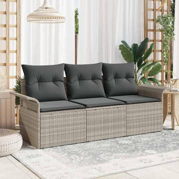 vidaXL Bankstel met kussen 3 pcs Grijs poly rattan, Verzenden, Nieuw, Rotan, 3 zitplaatsen