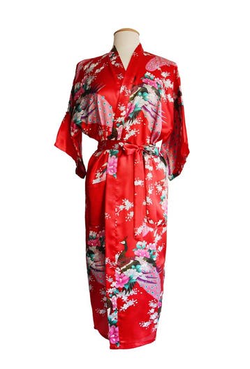 KIMU® Kimono Rood 7/8e XL-XXL Yukata Satijn Boven dekel Lang, Ophalen of Verzenden, Nieuw, Maat 46/48 (XL) of groter, Carnaval