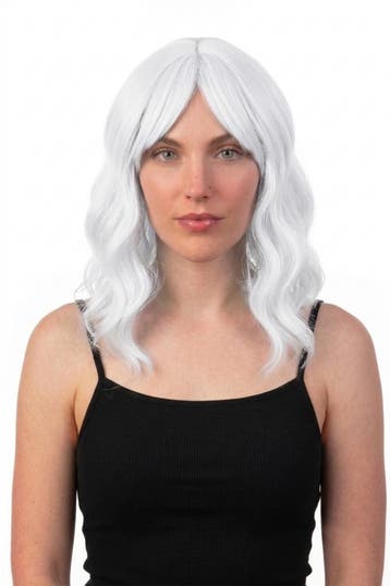 KIMU® Luxe Witte Pruik Schouderlengte Schuine Pony Krullen W, Ophalen of Verzenden, Nieuw, Carnaval