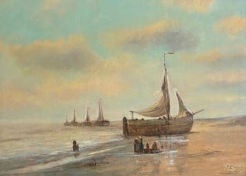 P. Bruyn (1857-1947) - Bomschuiten op het strand, Antiek en Kunst