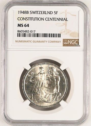 Zwitserland. 5 Francs 1948 - NGC MS64 (100th Anniversary of