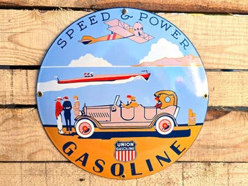 Union Gasoline "Speed & Power" - Vintage Gebold Emaille Bord, Verzenden, Nieuw