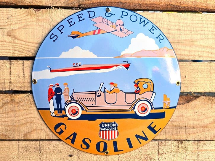Union Gasoline "Speed & Power" - Vintage Gebold Emaille Bord, Verzamelen, Merken en Reclamevoorwerpen, Verzenden