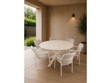 Veiling - Flora outdoor set 6 stoelen + 1 tafel 140Ø - Crem, Tuin en Terras, Nieuw