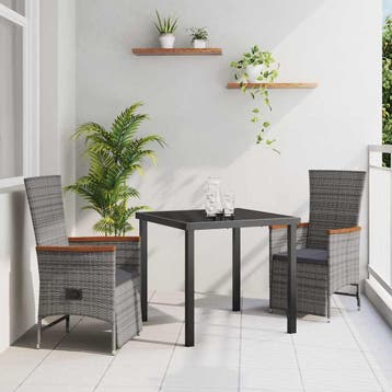vidaXL Tuin eettafelset met kussen 3 pcs Grijs poly rattan, Verzenden, Nieuw, Rotan, 3 zitplaatsen