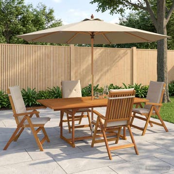 vidaXL Buiten Eetset met Parasol 6 st Crèmewit Massief, Verzenden, Nieuw, 6 zitplaatsen