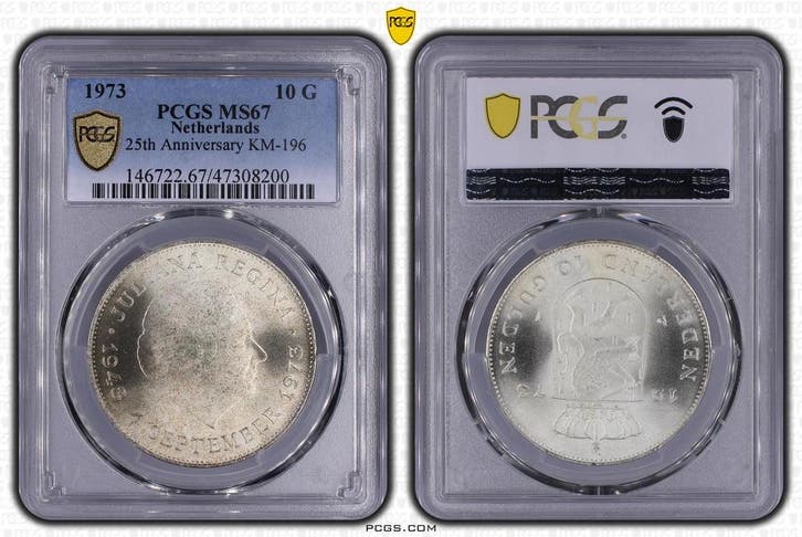 Koningin Juliana 10 gulden 1973 Jubileum MS67 PCGS, Postzegels en Munten, Munten | Nederland, Losse munt, 10 gulden, Koningin Juliana
