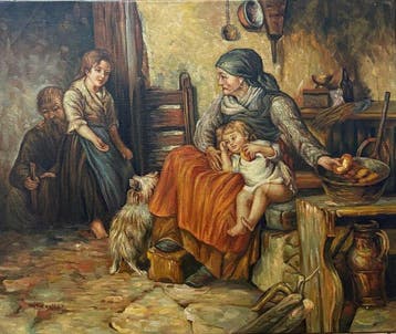 Kramer Claude (XX ème siècle) - Scène familiale autour de la