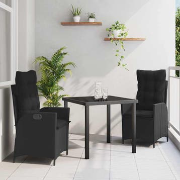 vidaXL Tuin eettafelset met kussen 3 pcs Zwart poly rattan, Tuin en Terras, Verzenden, Nieuw, Rotan, 3 zitplaatsen