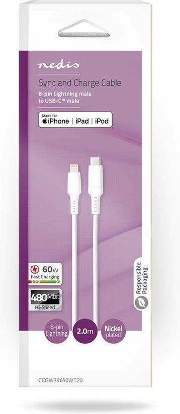 Lightning Kabel USB C - 2 m - 480Mbps - Wit - Nedis, Verzenden, Zo goed als nieuw
