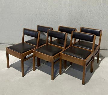 Stoel - Hout, Synthetisch leder - Set van zes vintage, Antiek en Kunst