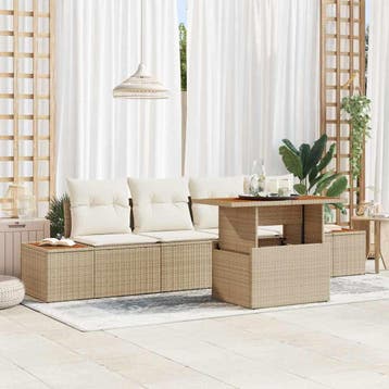 vidaXL Tuin Sofa Set 5 st Beige Poly riet, Verzenden, Nieuw, Rotan, 5 zitplaatsen