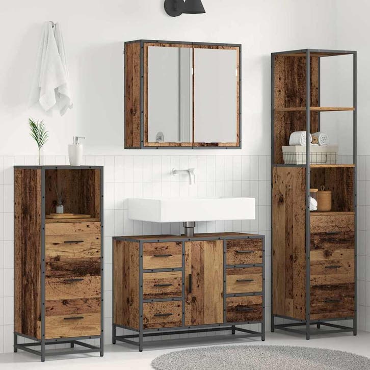 vidaXL Badkamermeubelset met lade 3 pcs Oud Hout Bewerkt, Huis en Inrichting, Badkamer | Badkamermeubels, Overige typen, Nieuw