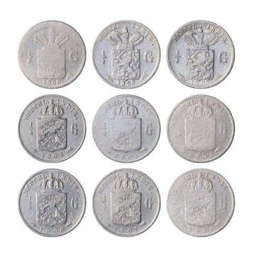Nederlands-Indië. 1/4 Gulden 1890 t/m 1909 (9 verschillende)