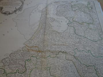 Ets gekleurd, kaart der Nederlanden Robert de Vaugondy 1750, Gelezen, Verzenden, Voor 1800, Landkaart