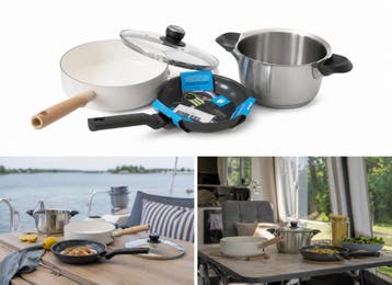 Pannenset Camping &amp; Boot 3-delig — Hapjespan, Koekenpan, Nieuw