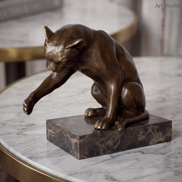 Beeld, Spelende kat - 14 cm - Brons, Marmer