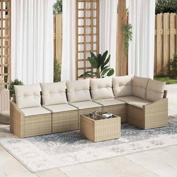 vidaXL Tuinbankenset 7 st Beige en Crème poly rattan, Verzenden, Nieuw, 7 zitplaatsen