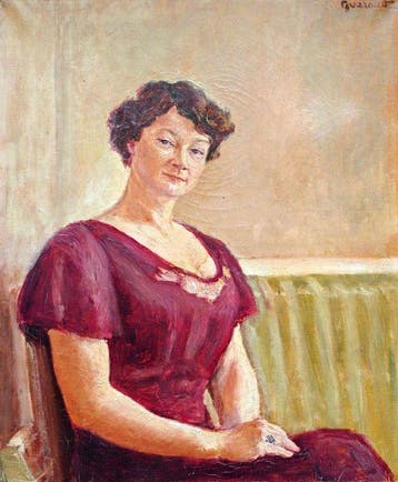 École française (XX) - Portrait d’une dame en robe bordeau, Antiek en Kunst, Kunst | Schilderijen | Klassiek