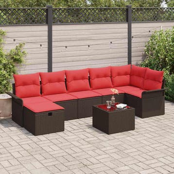 vidaXL Tuin Sofa Set met kussen 8 pcs Bruin en Rood poly, Verzenden, Nieuw, Rotan, 8 zitplaatsen