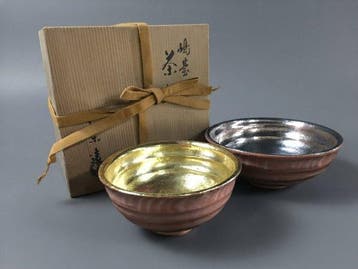 Japanese Raku Ware Shimadai Matcha Bowls Pair - Seven