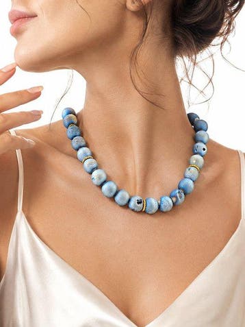 Drusy Agaat Kralen Halsketting - Blauwe Edelsteen - 925