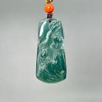 Snijwerk, Lotus Fish Jade Pendant - 44 mm - Gecertificeerde