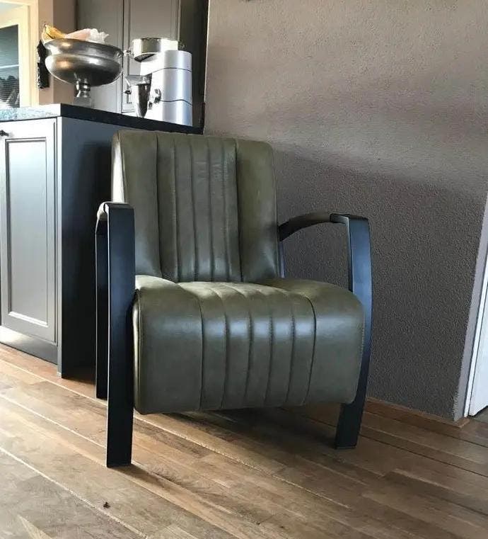 Leren fauteuil groen leer met stalen frame, Huis en Inrichting, Fauteuils, Nieuw, Leer, Ophalen of Verzenden