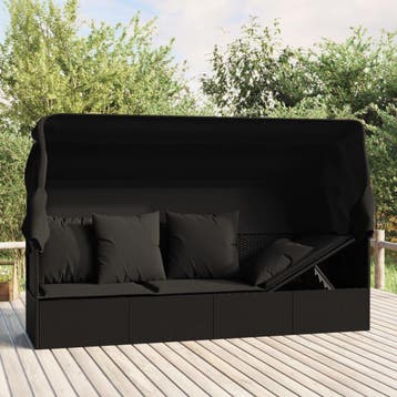 vidaXL Loungebed met luifel en kussens poly rattan zwart, Verzenden, Nieuw