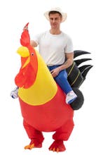 KIMU® Opblaas Kostuum Zittend op Haan Rood Geel Opblaasbaar, Carnaval, Nieuw, Overige maten, Ophalen of Verzenden