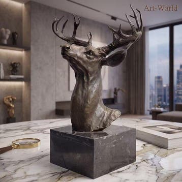 Beeld, Exclusief brons sculptuur van een hertenkop. 51.5 cm, Antiek en Kunst